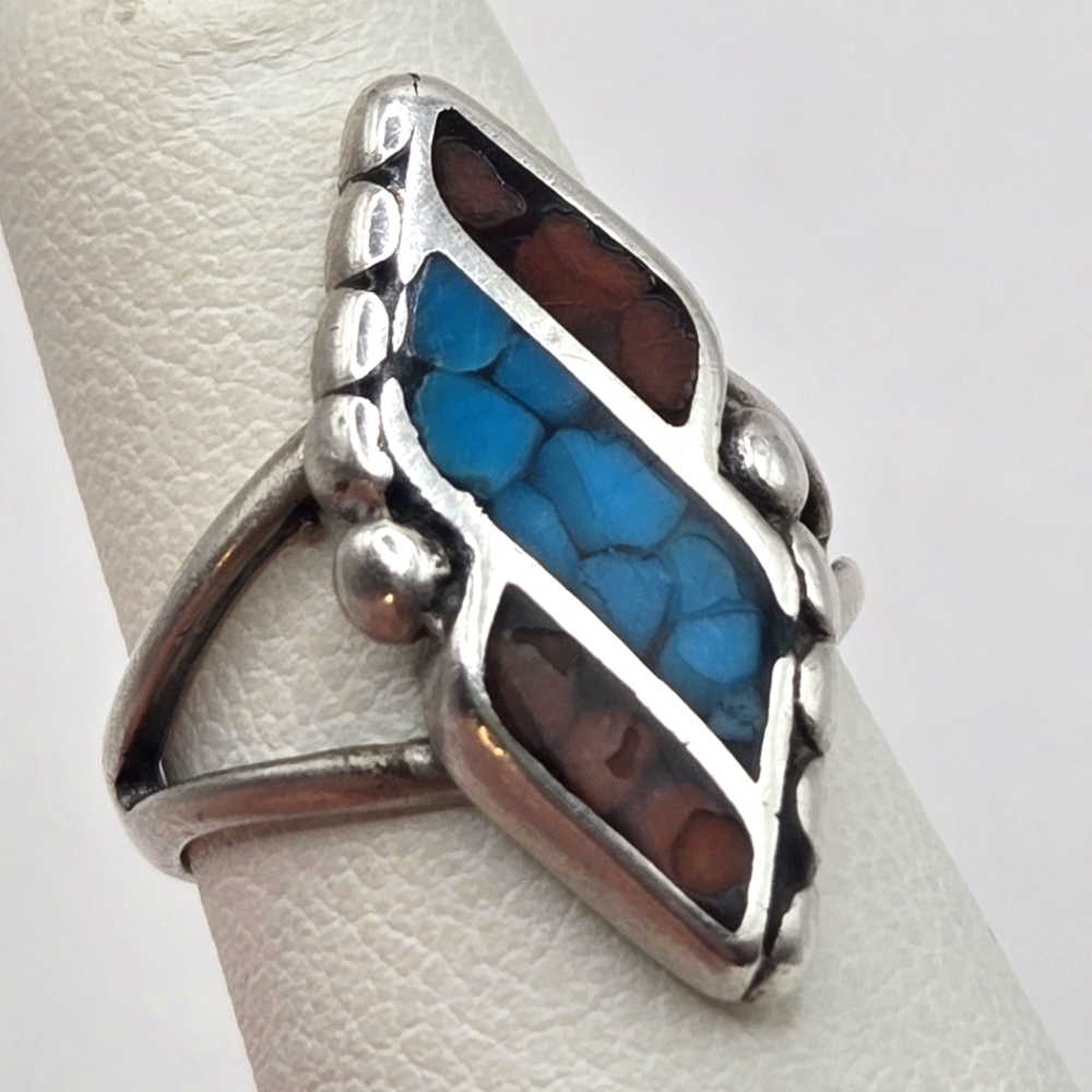 Crushed Turquoise and Coral Inlay Sterling Silver Ring with Geometric Design